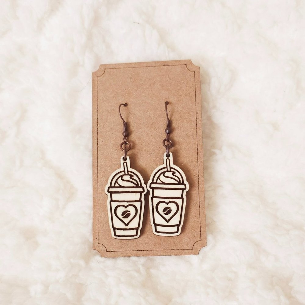 5/$25 Iced Coffee Frappuccino Earrings Dangle Wooden w/Heart Coffee Bean